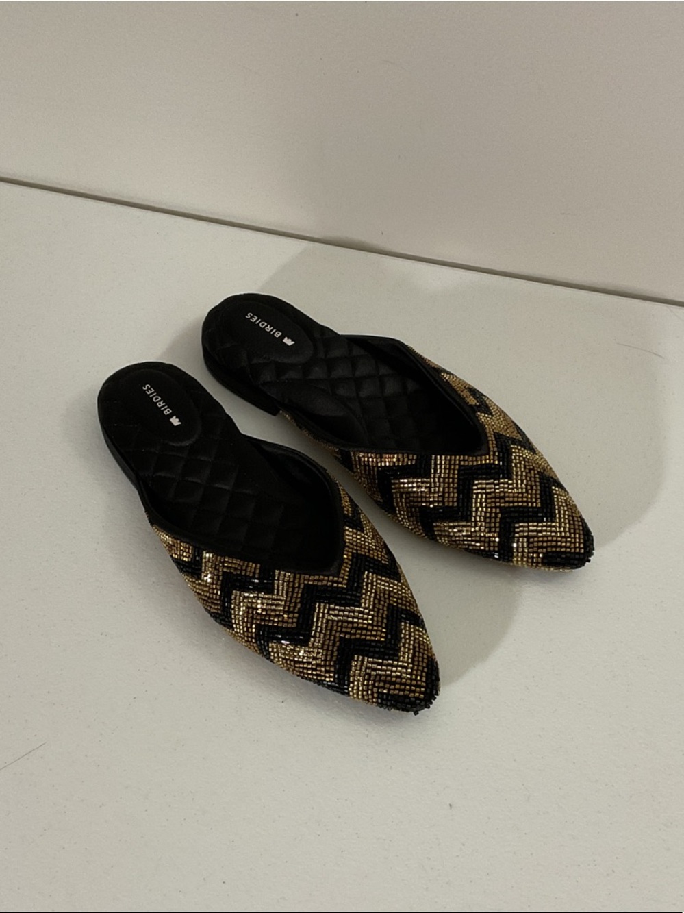 Birdies Black & Gold Beaded Zigzag Chevron Pointed Swan Mules Size 7.5